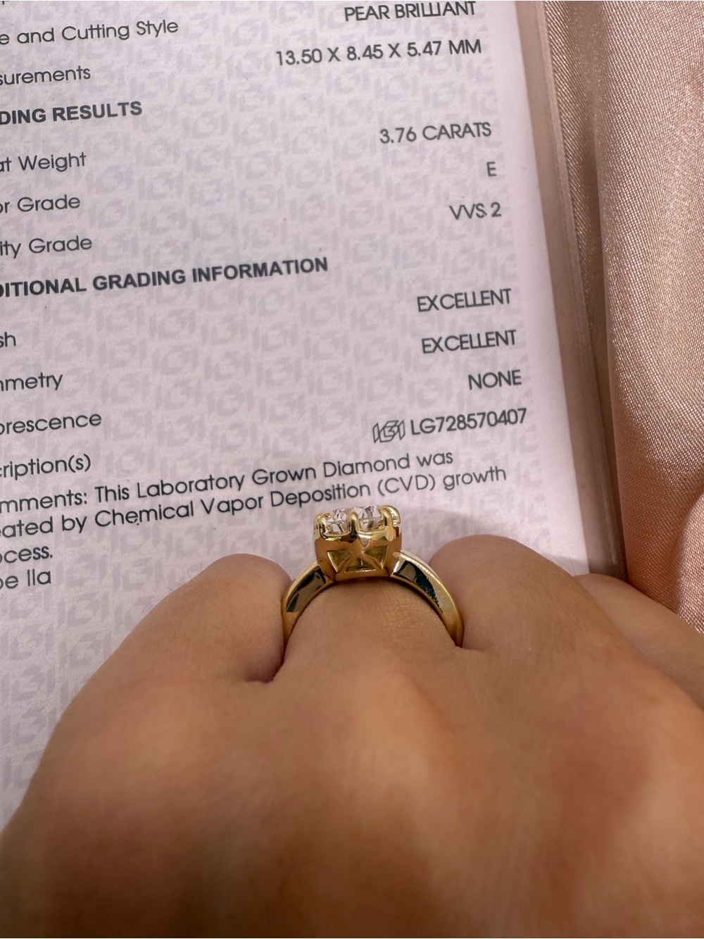 3.57 carat E VVS2 chubby pear on a wide band diamond engagement ring - Picture 13 of 14